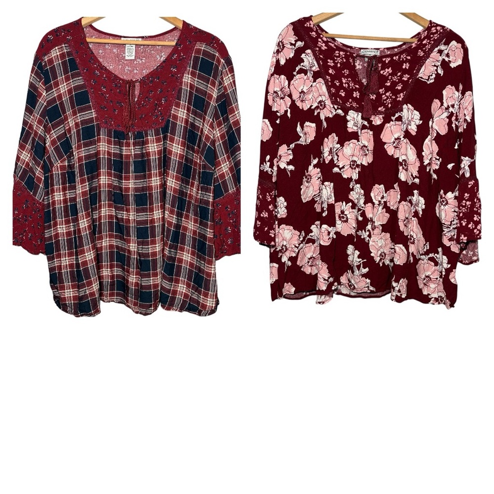 CATHERINES | Set of 2 Floral Plaid Boho Keyhole Tie-Neck Tassels Blouse size 3X